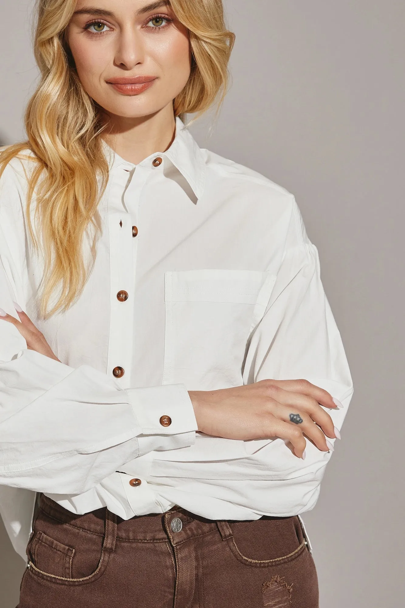 Cotton Oversize Button Up Front Single Pocket Shirt