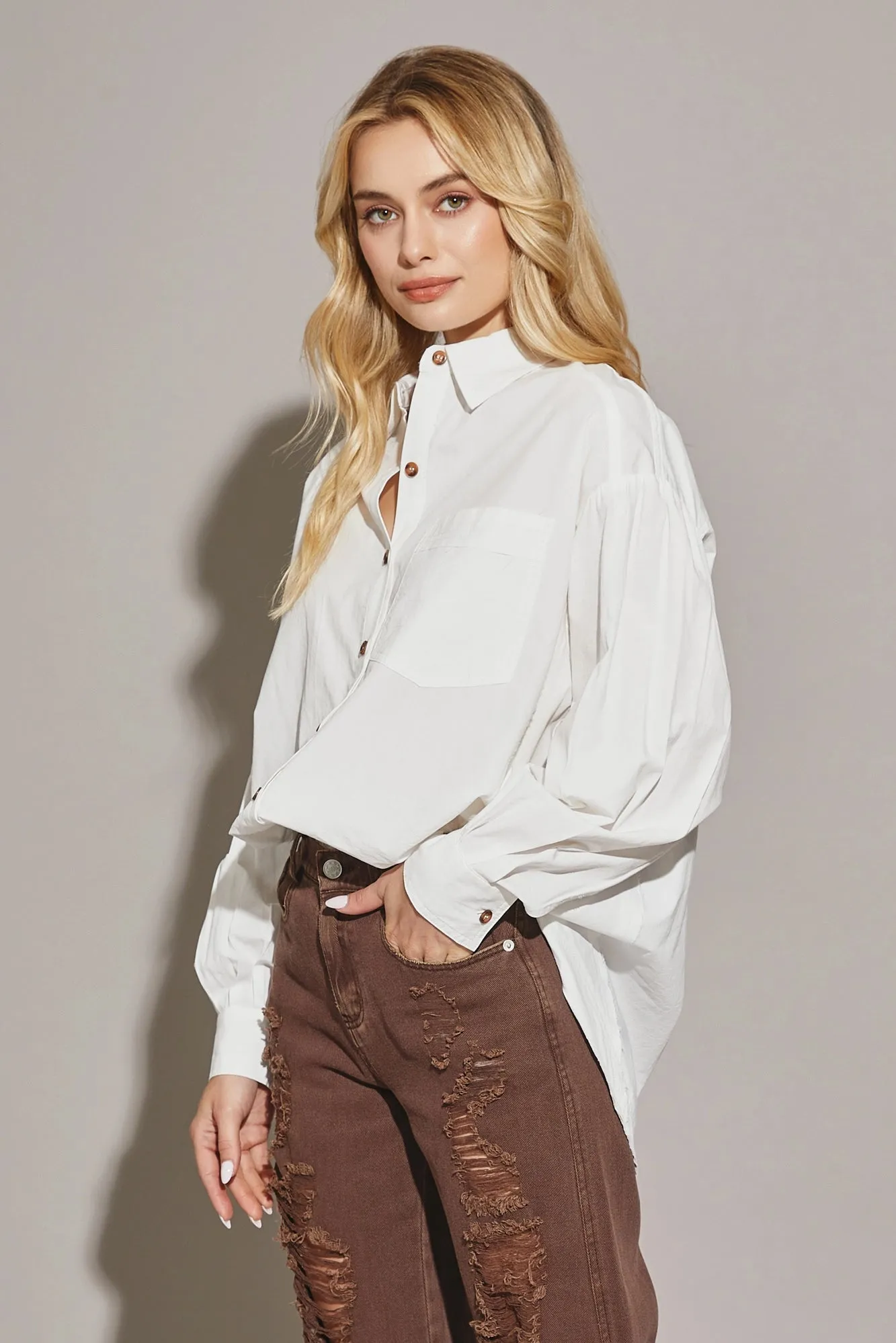 Cotton Oversize Button Up Front Single Pocket Shirt