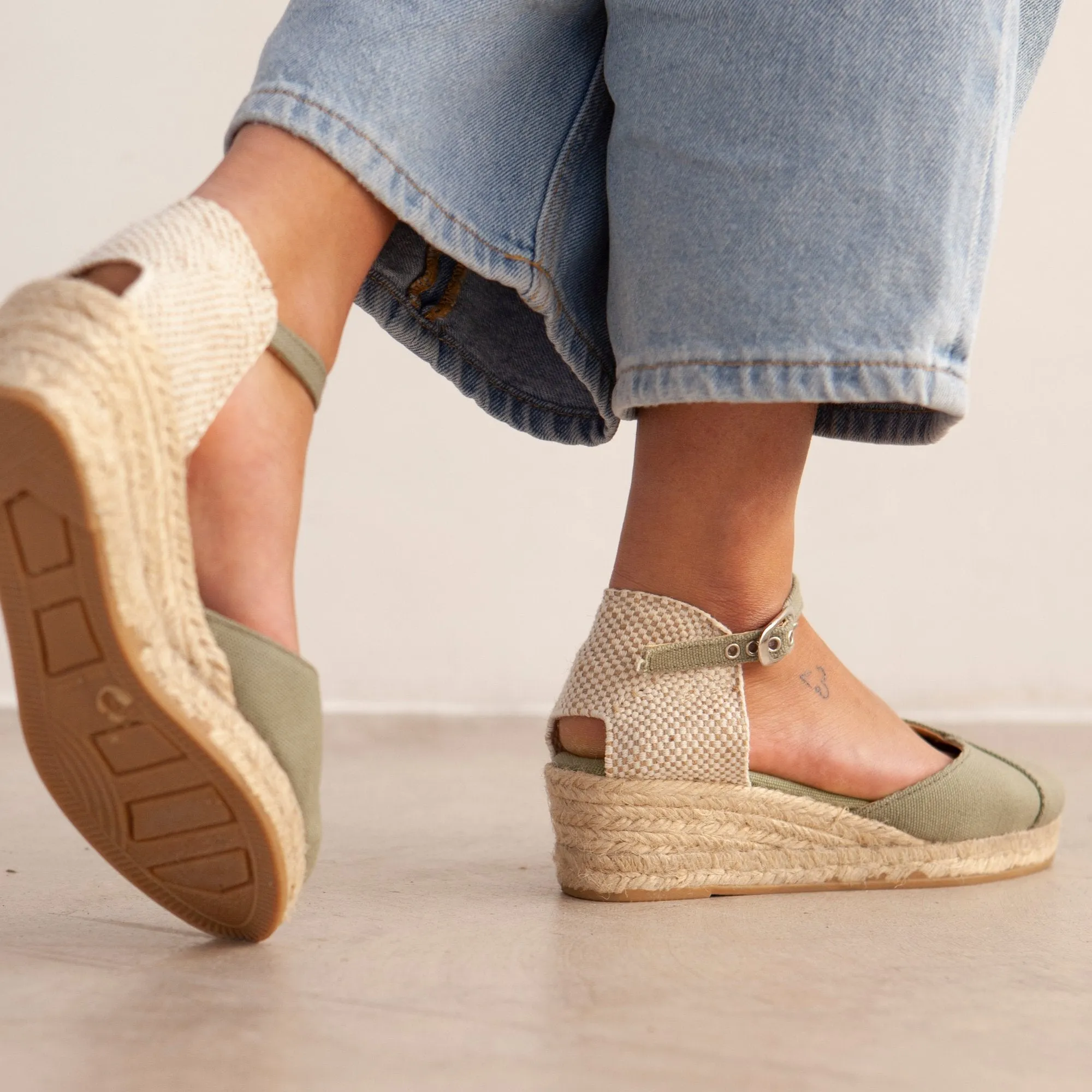 Girona Eco Canvas Vegan Espadrille Wedges - Olive Green