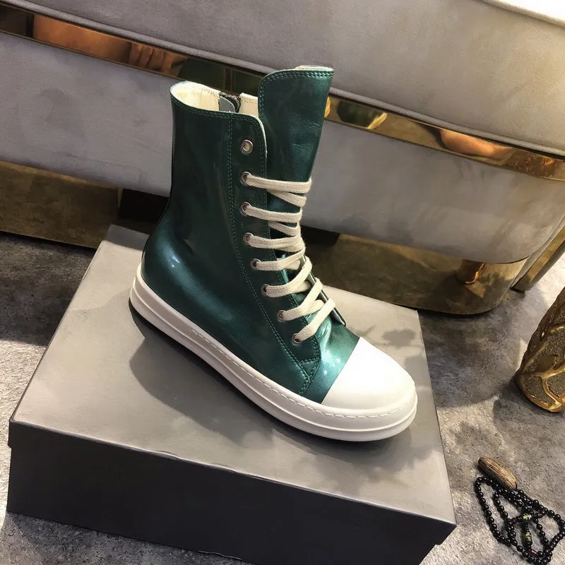 High-Top Metallic Green Leather Sneakers