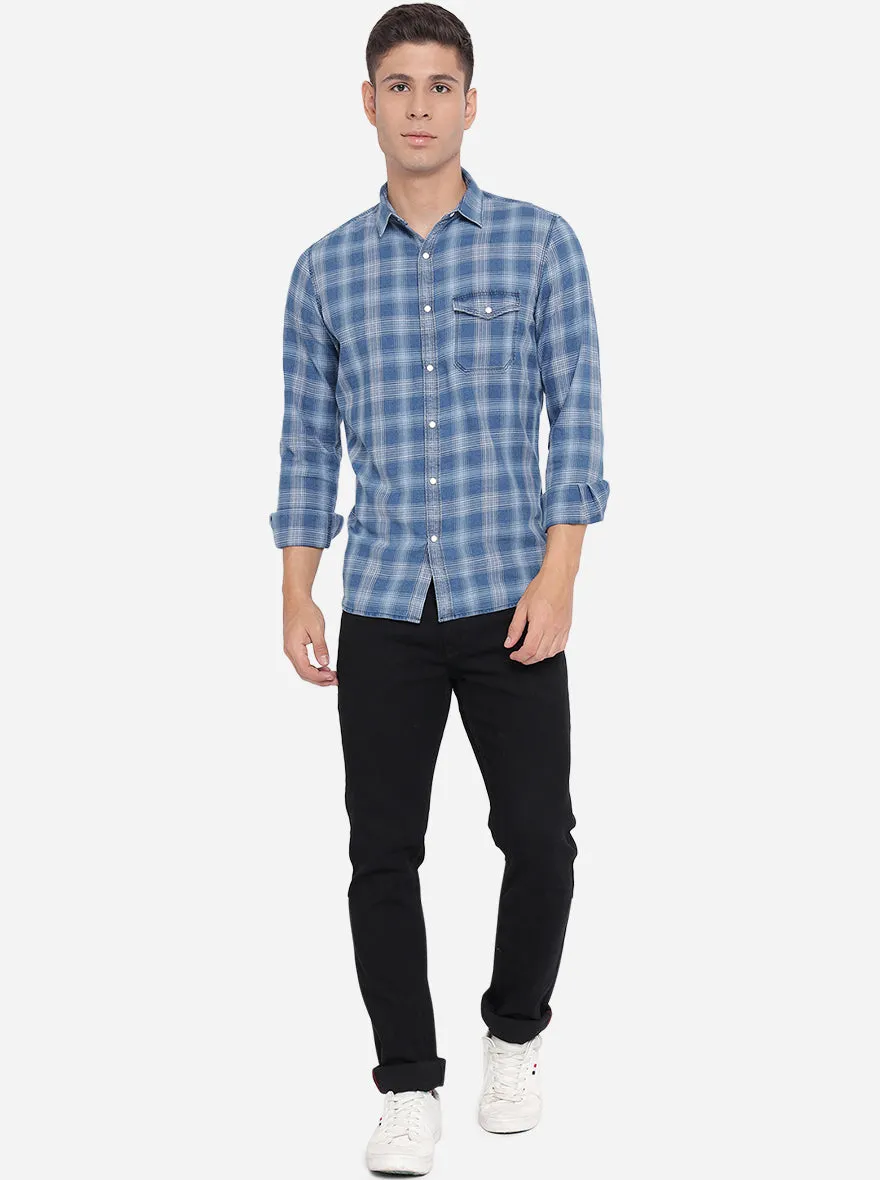 Sky Blue Checked Slim Fit Semi Casual Shirt | JadeBlue