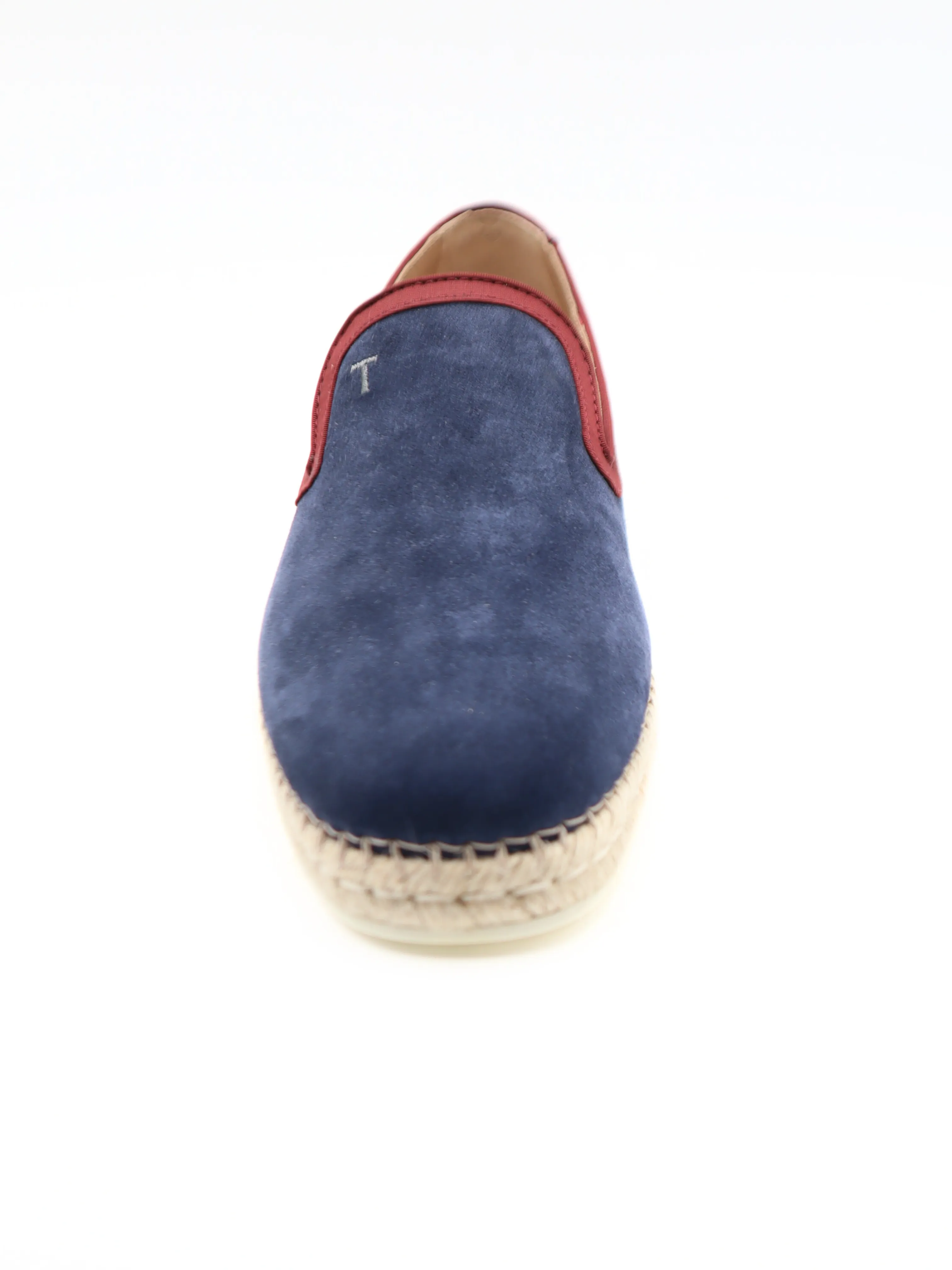 Tods Mens Navy Blue with Red Trim Espadrille with Raffia Sole