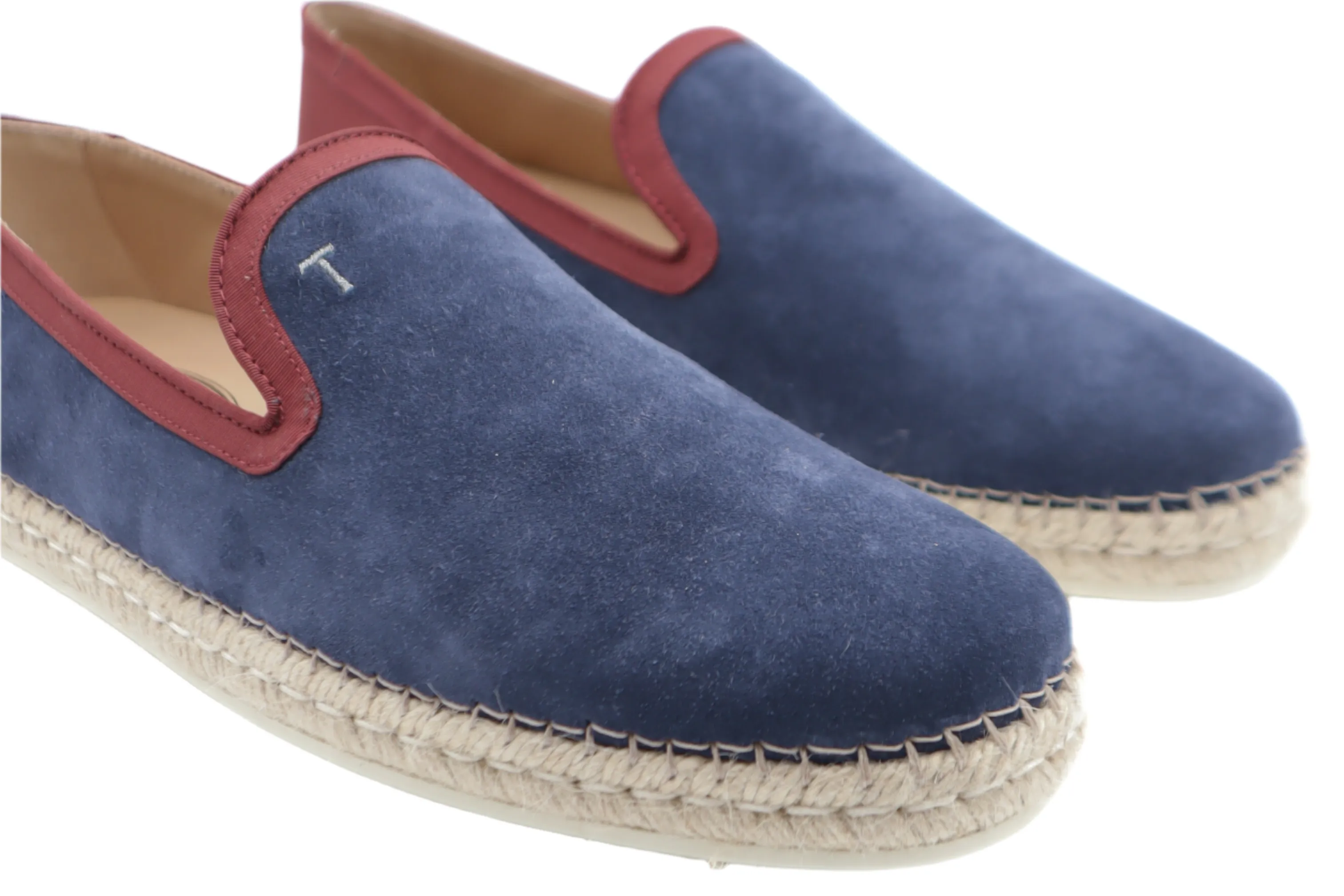 Tods Mens Navy Blue with Red Trim Espadrille with Raffia Sole