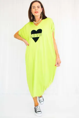 Vibrant LOVE Decal Cocoon Dress in Bright Apple