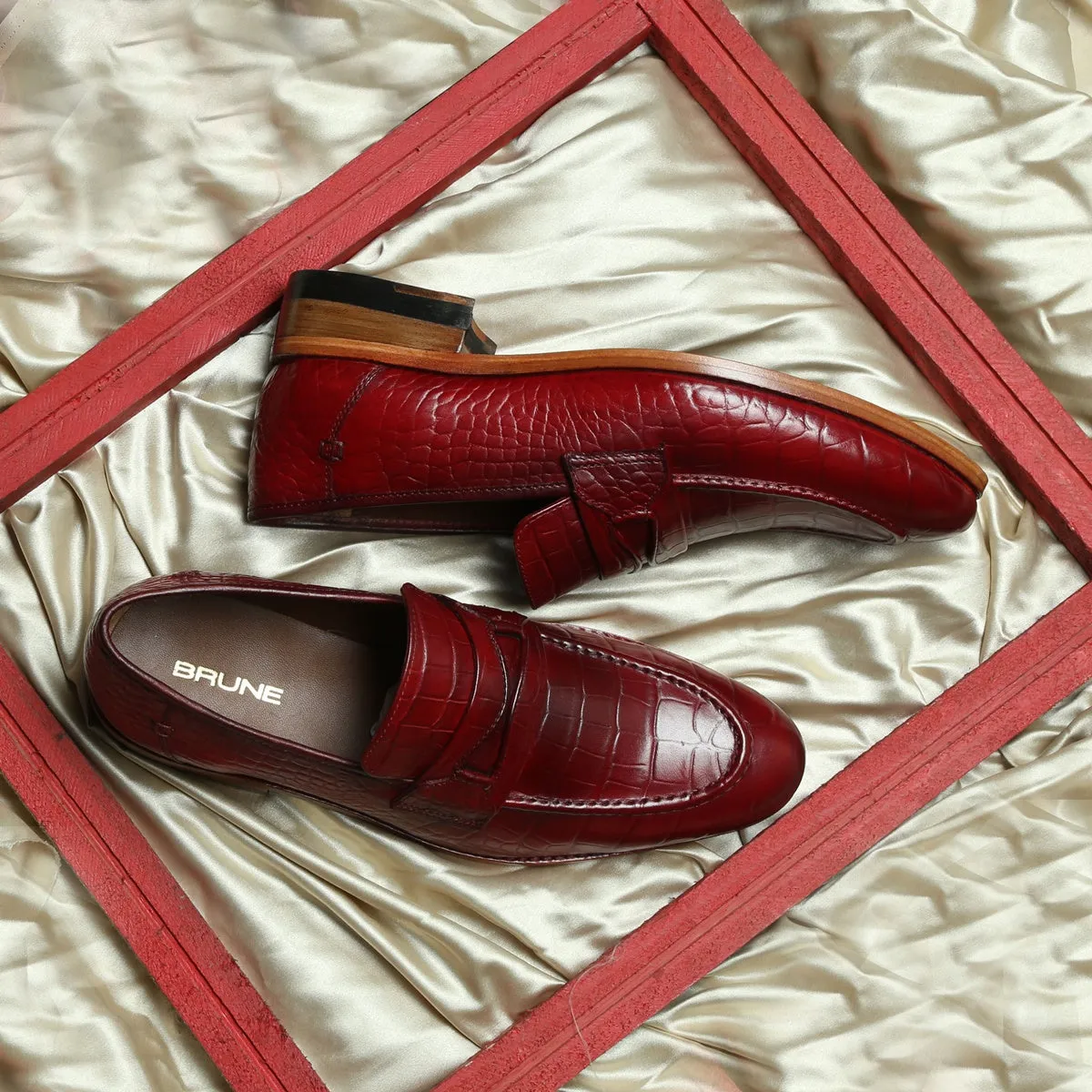 Wine Deep Cut Leather Mod Look Loafers with Leather Sole