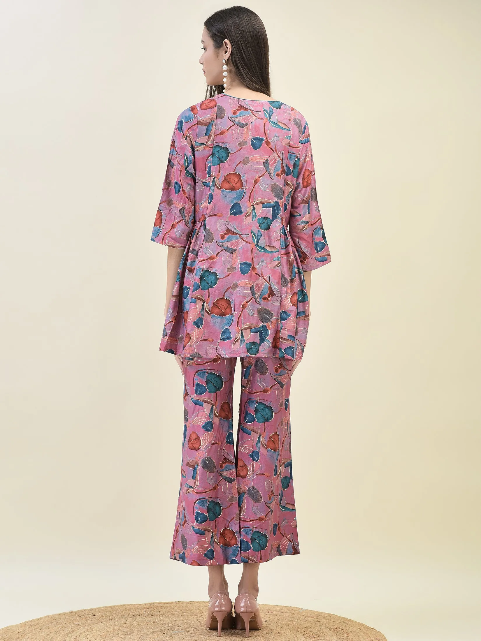 Women Viscose Pink Tropical Print Co-Ord Set