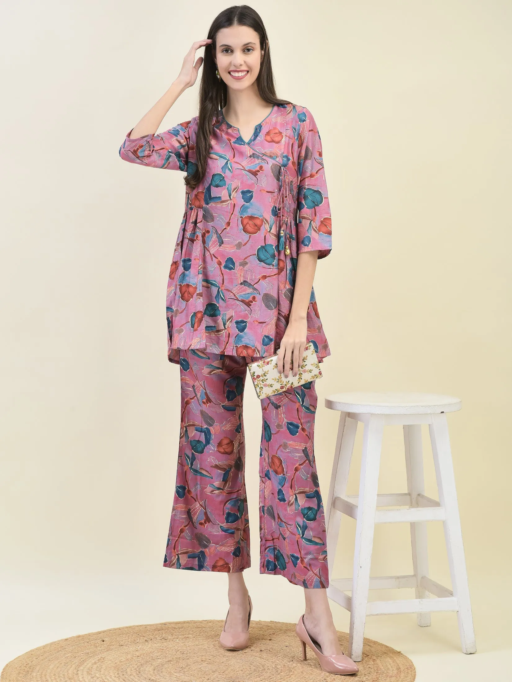 Women Viscose Pink Tropical Print Co-Ord Set