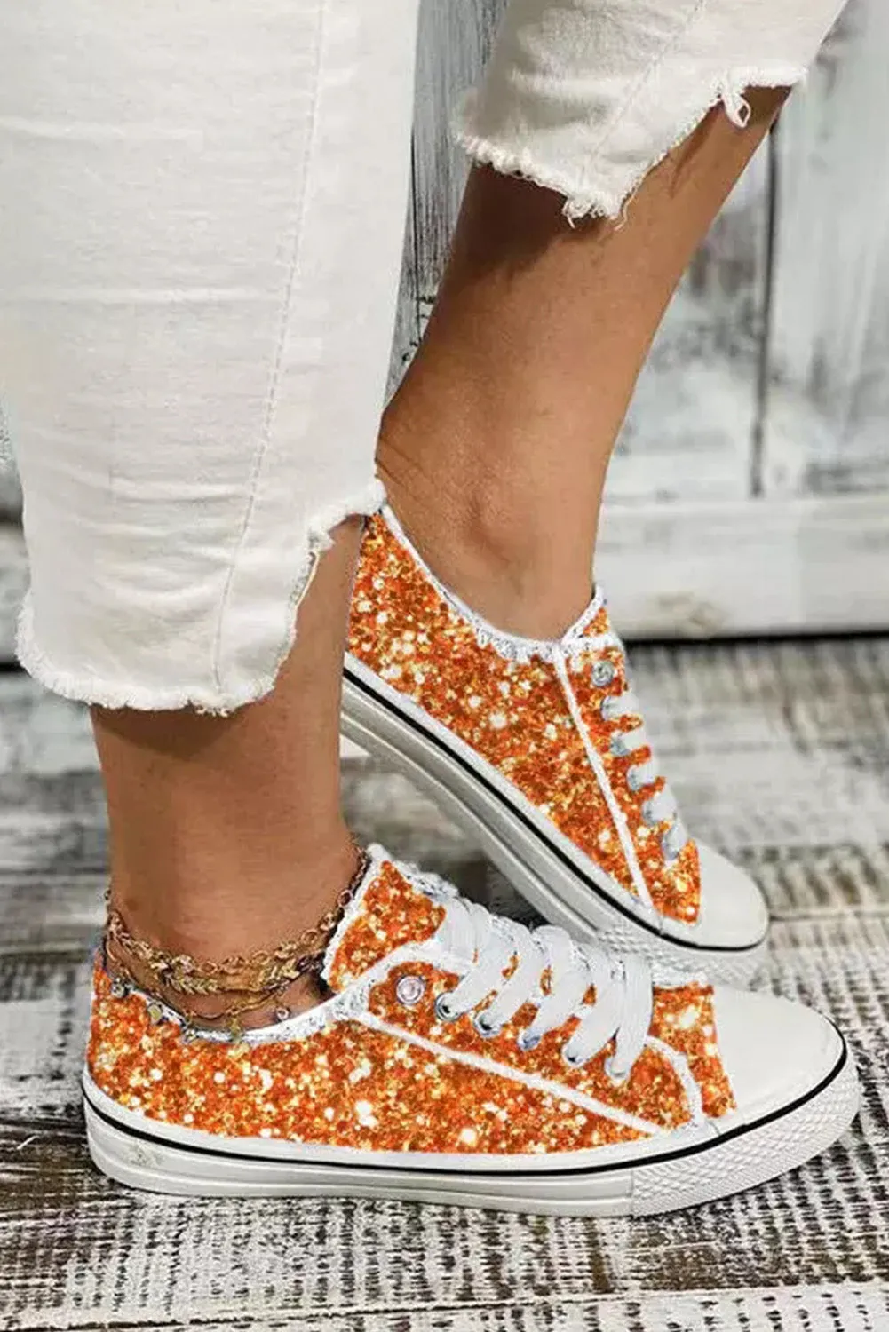 Women's Orange Lace Up Low Top Canvas Shoes